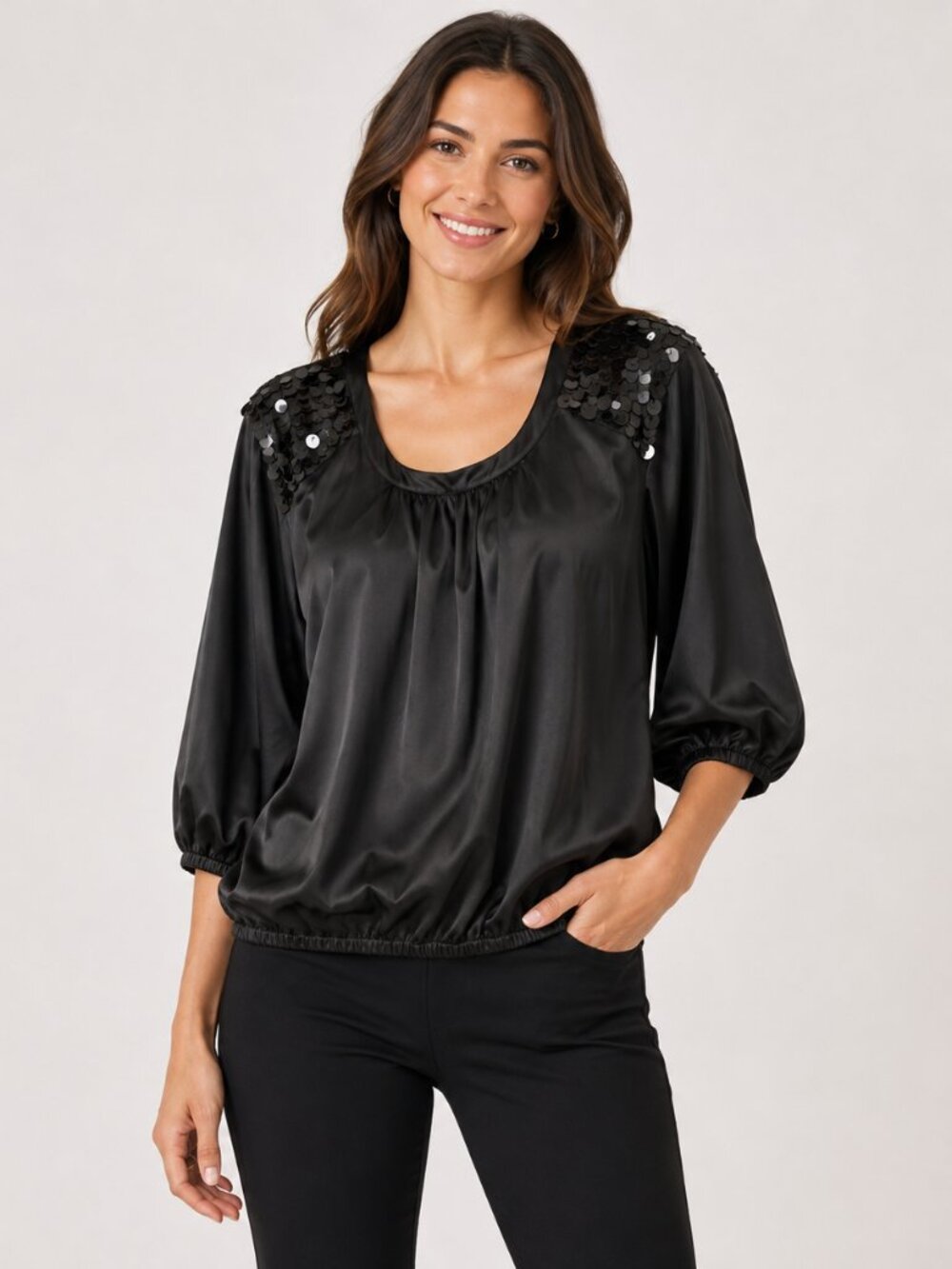 Jessica Black Satin Blouse Sequin Shoulder Detail Balloon Sleeve Top